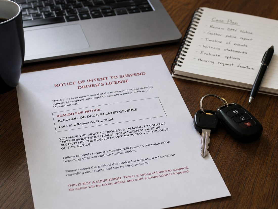 Massachusetts driver reviewing an RMV notice and organized case plan